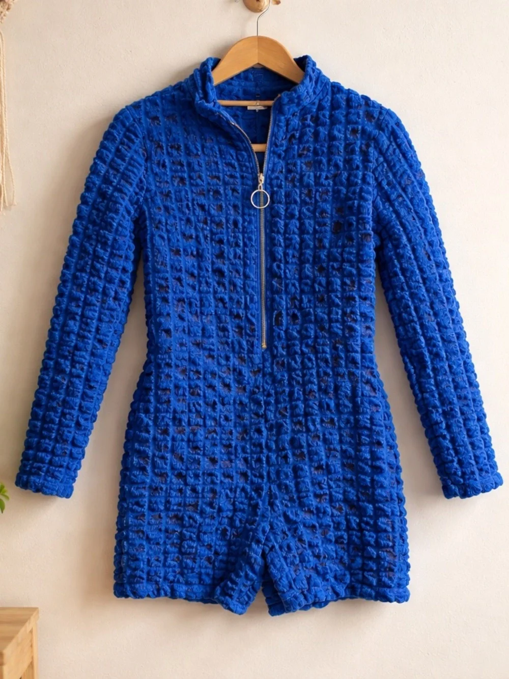 Textured Zip-Front Royal Blue Romper Jumpsuit - Picture 2 of 8